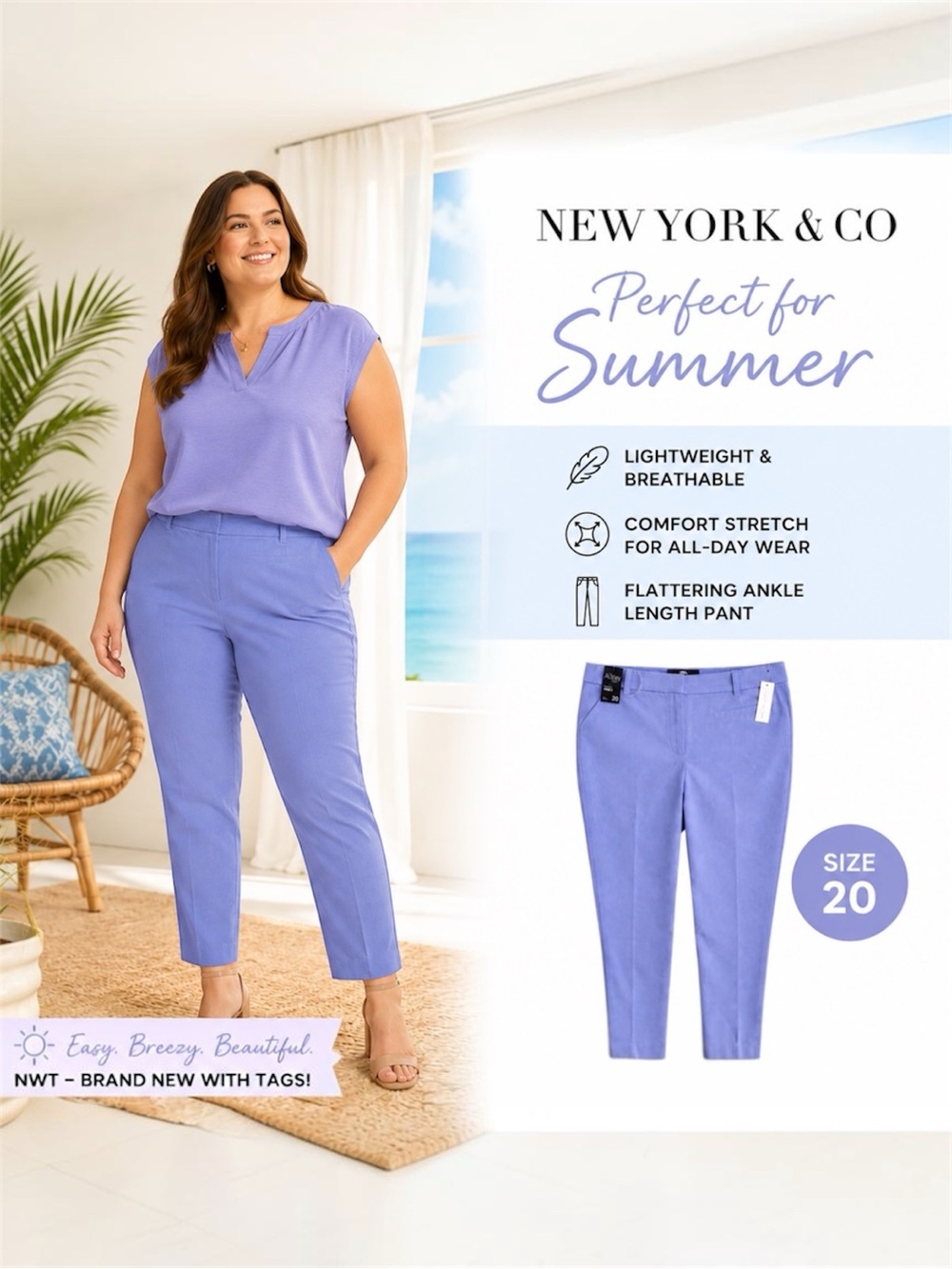 NWT New York & Company Size 20 Audrey Pant Periwinkle Blue Slim Leg Ankle Cotton